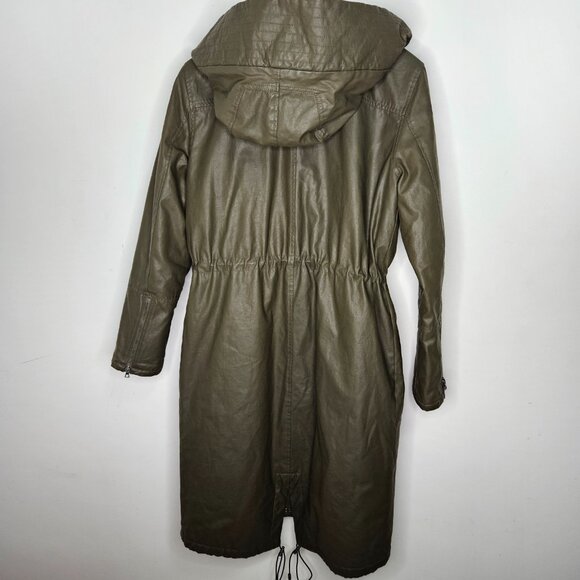 Alice + Olivia Coated Long Parka Coat Hood Sz M Green Cabincore Fisherman - Picture 9 of 14